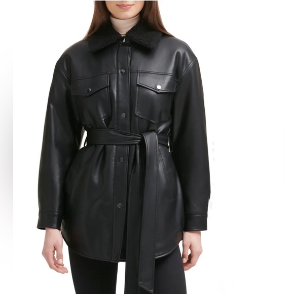 Kenneth Cole Jackets & Blazers - Kenneth Cole- Faux Leather & Sherpa Belted Shirt Jacket